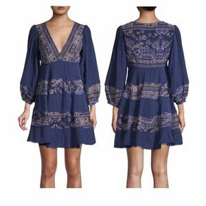 ⭐Free People My Love Mini dress Sz M Womens Blue Embroidered Floral Long Sleeve⭐
